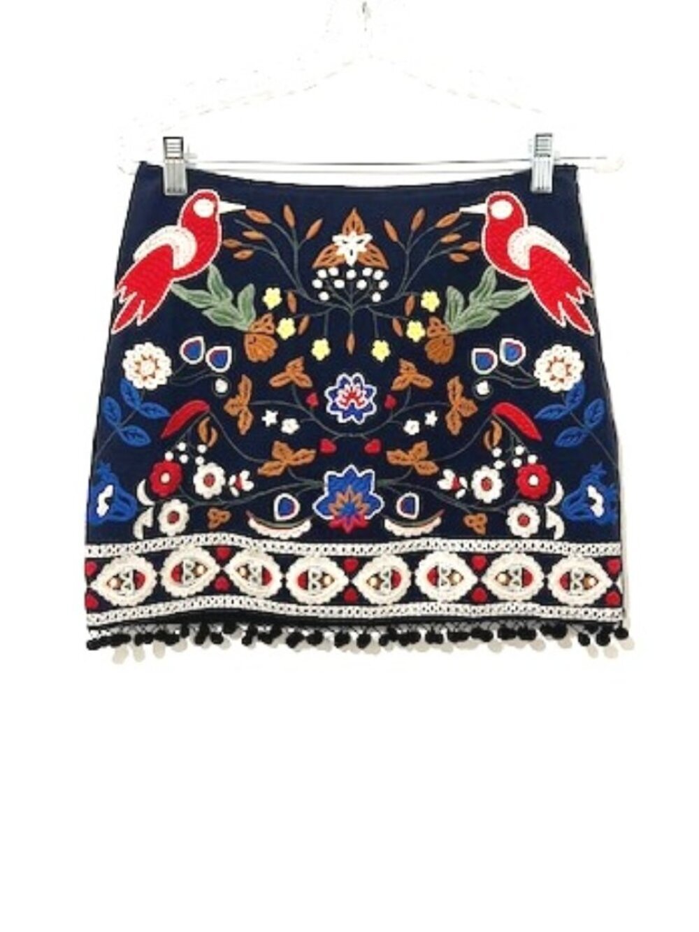 Island Girl Embroidered Mini Skirt Bird Floral Boho Pom Pom Trim Size S - Picture 2 of 8